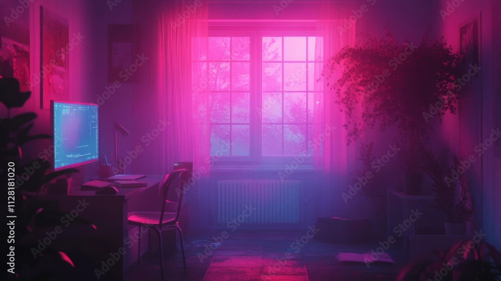 Neon Lit Room With Computer Desk And Plants Neon Lit Room With Computer Desk And Plants