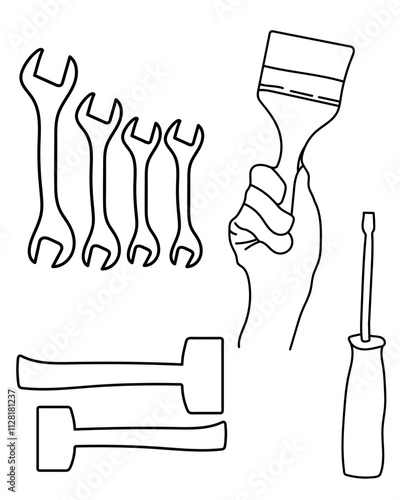 Spanner, Paint brush with hand, Hammer vector tools are essential digital resources for architects, engineers, and designers tools typically use vector graphics to create precise,scalable illustration