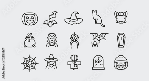 Halloween icons. Set of 15 Halloween trendy minimal icons. Skull, Zombie, Mummy, Pumpkin, Haunted House icon. Design signs for web page, mobile app, packaging design. Vector illustration