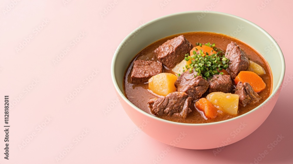 Hearty Beef and Vegetable Soup in a Rustic Bowl on a Pink Background Hearty Beef and Vegetable Soup in a Rustic Bowl on a Pink Background