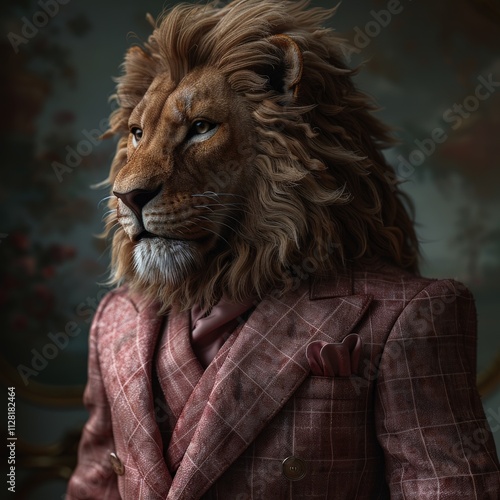 Majestic Lion in Elegant Plaid Suit Exuding Confidence and Sophistication in Classic Portrait Style Amidst Dark, Rich Tones