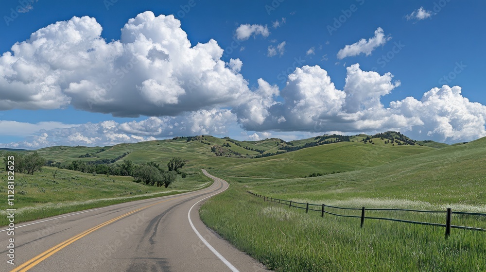 Winding highway through rolling hills in spring, vibrant green grass, white fluffy clouds above, Winding highway through rolling hills in spring, vibrant green grass, white fluffy clouds above,