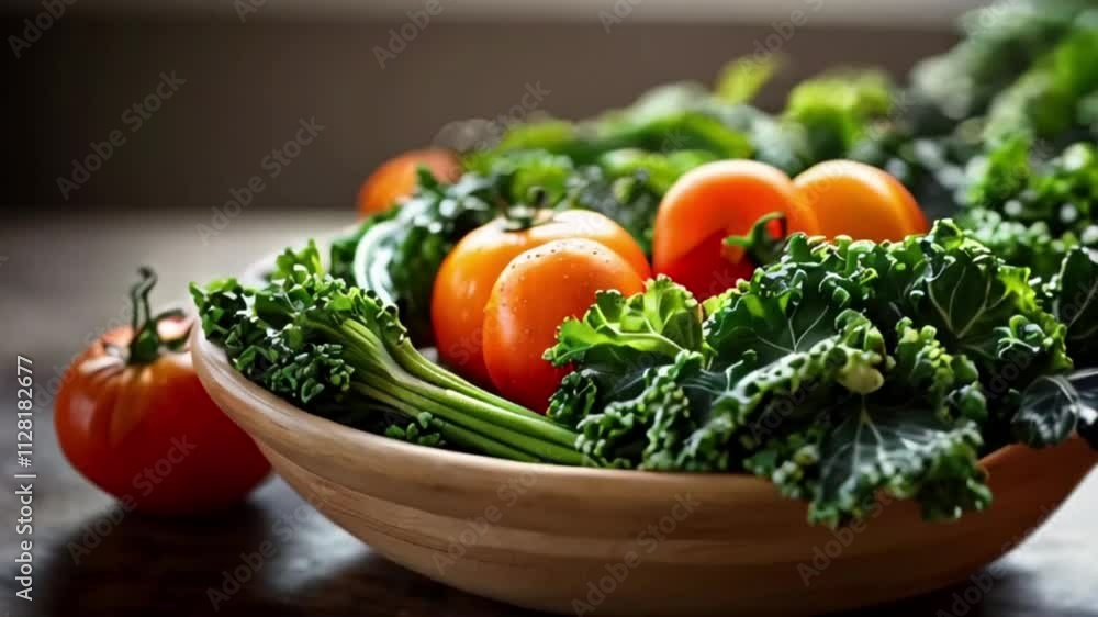 realistic motion video of salad in a wooden bowl realistic motion video of salad in a wooden bowl