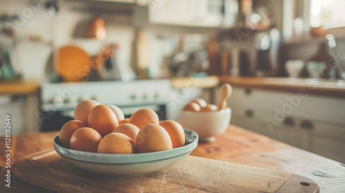 Fresh eggs close-up on rustic surface with blurred kitchen background. Natural lighting macro photography of breakfast ingredients. photo