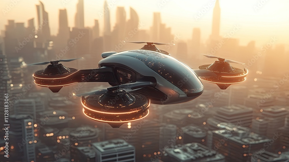 Futuristic Drone Soaring Over a Modern Cityscape at Dawn Futuristic Drone Soaring Over a Modern Cityscape at Dawn
