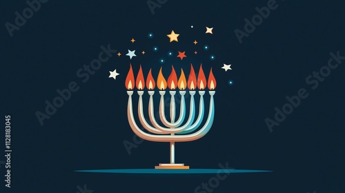 Hanukkah menorah with glowing candles and stars on dark background
