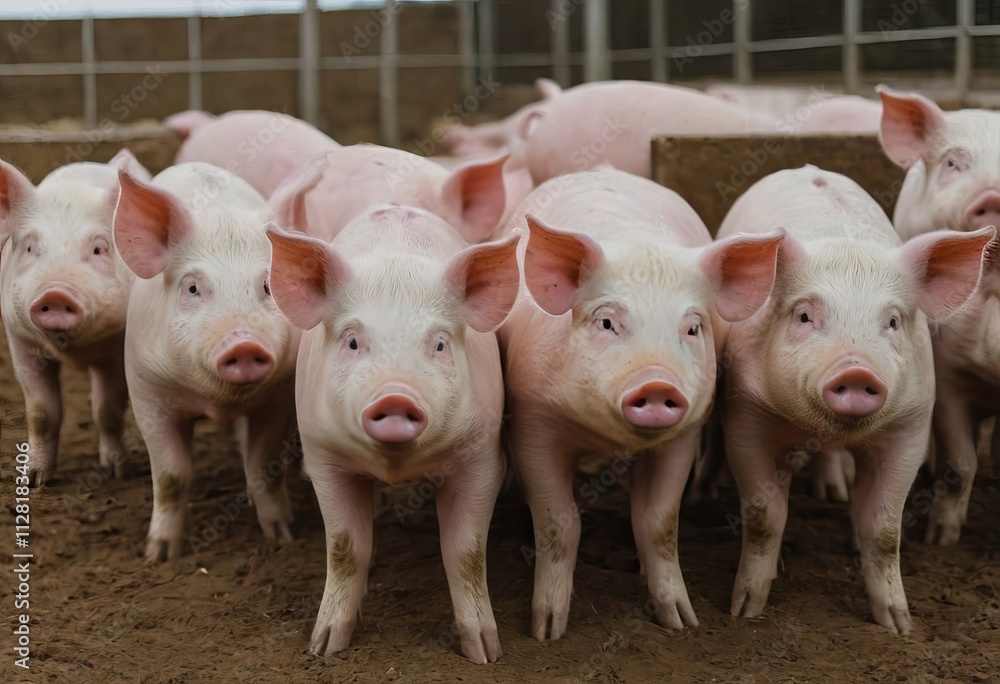 A herd of pigs is standing closely next to each other in the dirt A herd of pigs is standing closely next to each other in the dirt