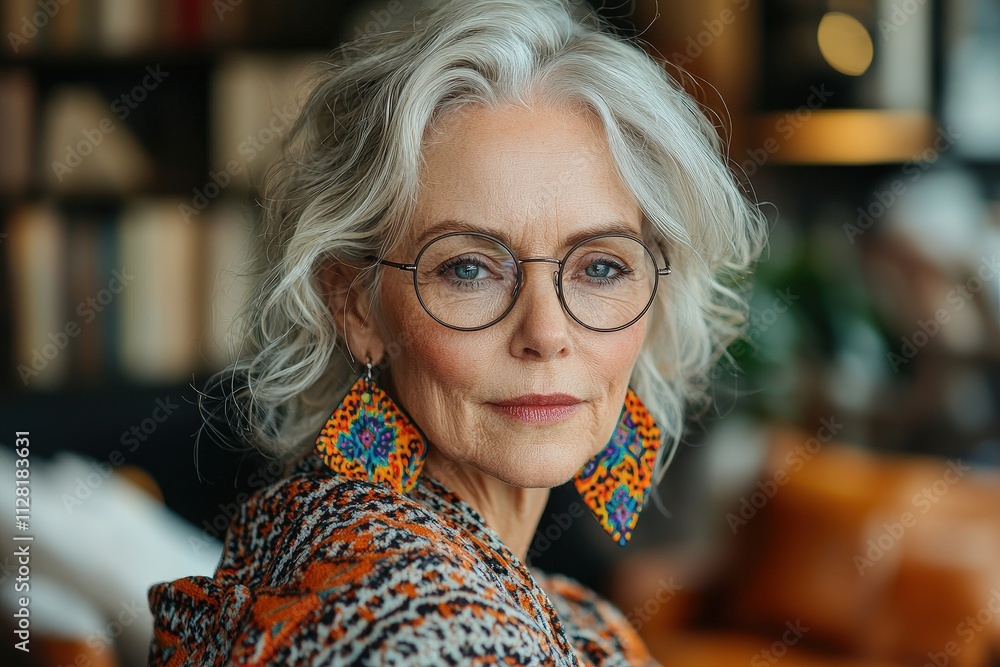 Stylish elderly woman with glasses and colorful earrings in a cozy room Stylish elderly woman with glasses and colorful earrings in a cozy room