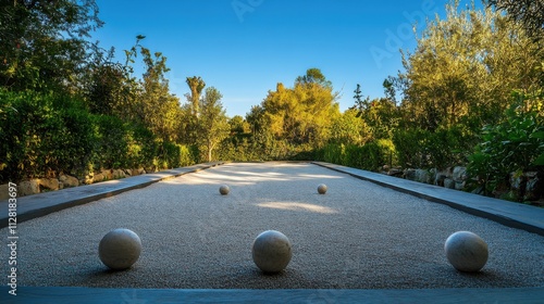 A serene outdoor bocce ball court with a smooth gravel surface and neatly placed balls, surrounded by lush greenery and a clear blue sky, early morning light enhancing the tranquil setting photo