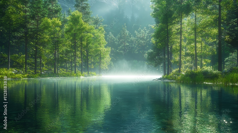 Forest Lake Serenity: Sunlit Water and Verdant Trees Forest Lake Serenity: Sunlit Water and Verdant Trees