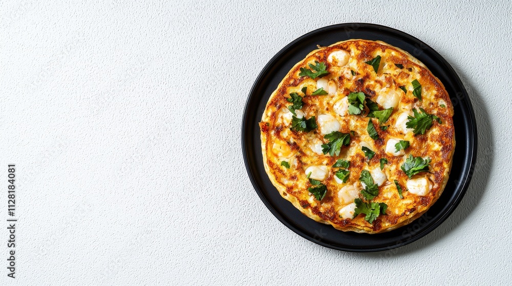 Delicious Freshly Baked Pizza with Variety of Toppings on Black Plate Delicious Freshly Baked Pizza with Variety of Toppings on Black Plate