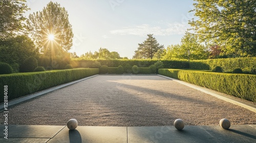 A serene outdoor bocce ball court with a smooth gravel surface and neatly placed balls, surrounded by manicured hedges and a bright sky, early morning light enhancing the calm setting photo