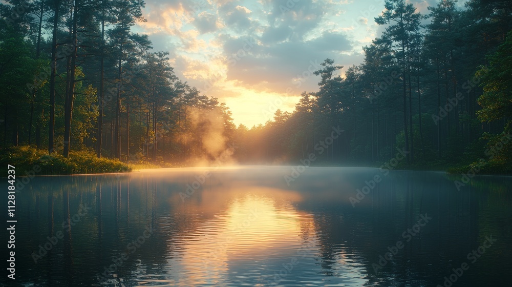 Misty Sunrise Over a Forest Lake Misty Sunrise Over a Forest Lake