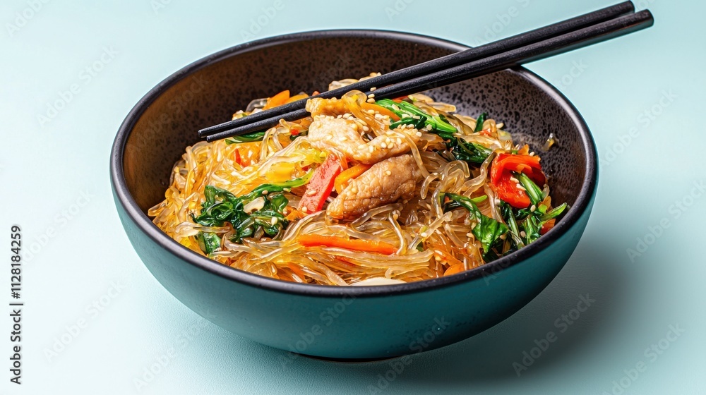 Delicious Asian Noodle Bowl with Chicken and Fresh Vegetables Served on a Table Delicious Asian Noodle Bowl with Chicken and Fresh Vegetables Served on a Table