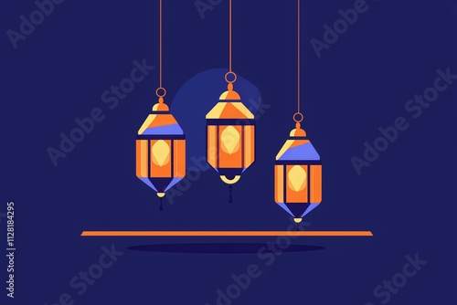 Hanging Lanterns with Blue Background for Ramadan or Eid Celebrations