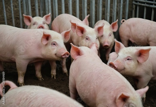 A herd of pigs is standing closely next to each other in the dirt