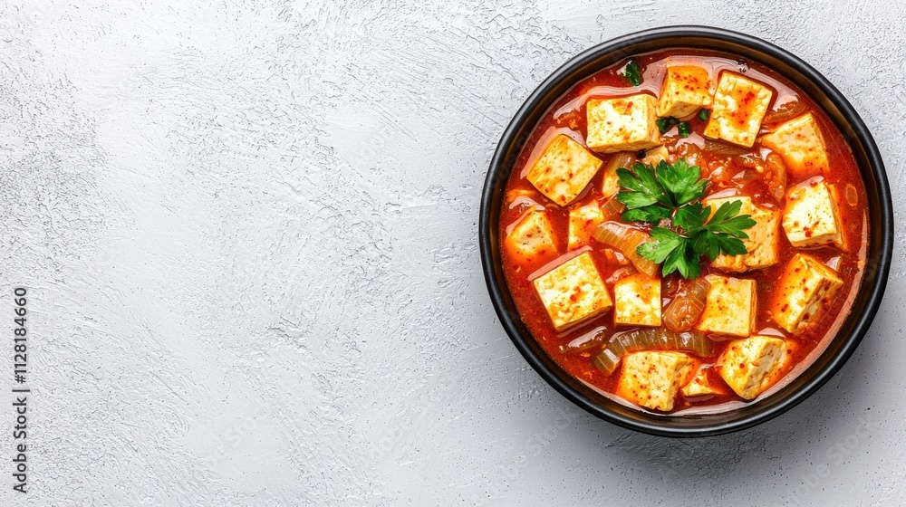 Spicy Tofu Stew with Herbs and Peppers Served in a Bowl on a Rustic Table Spicy Tofu Stew with Herbs and Peppers Served in a Bowl on a Rustic Table