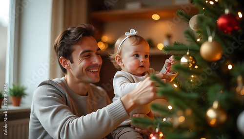 Young parents having fun decorating Christmas tree with their cute little baby girl, placing ornaments and decorating home for winter holiday season