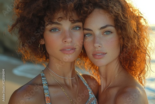 Sisterly bond: natural beauty and freckles by the beach at sunset photo