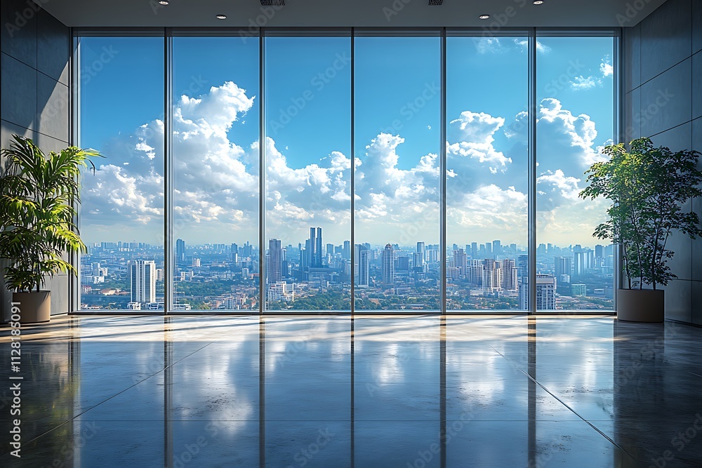 Fototapeta premium Empty office room with a view of the city skyline through a large window