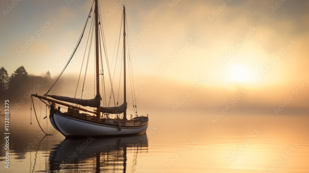 A rustic wooden sailboat anchored in a quiet, misty harbor at sunrise. A rustic wooden sailboat anchored in a quiet, misty harbor at sunrise.