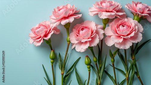 pink carnations against a blue wall