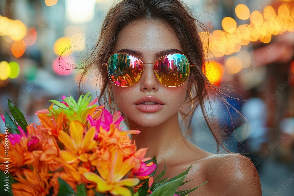 Fototapeta premium Woman with vibrant sunglasses and colorful bouquet in city lights