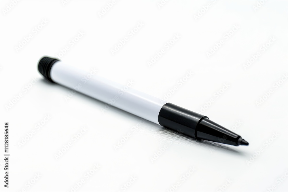 A black and white pen rests on a clean surface under soft lighting A black and white pen rests on a clean surface under soft lighting
