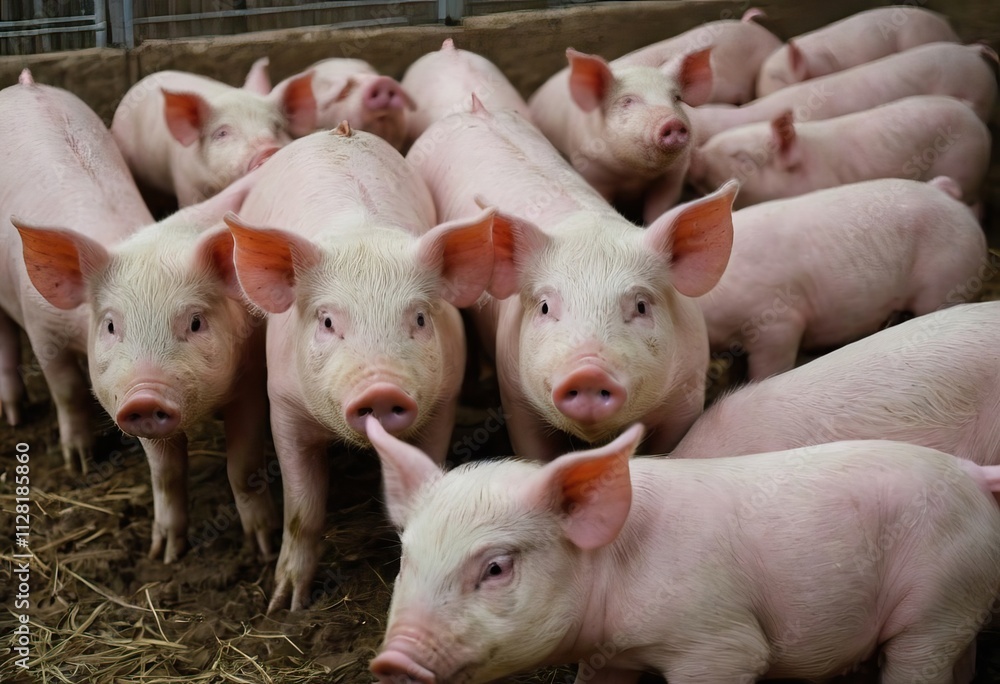 A herd of pigs is standing closely next to each other in the dirt A herd of pigs is standing closely next to each other in the dirt