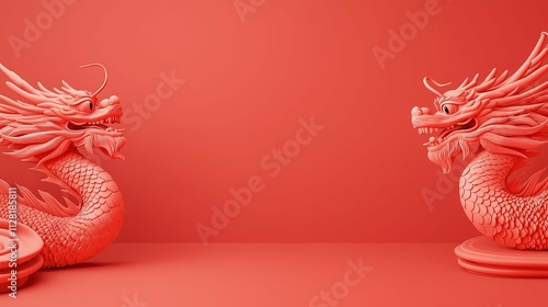 Mythical Red Dragon Statue in 3D Design on Minimal Background for Festive Occasions photo