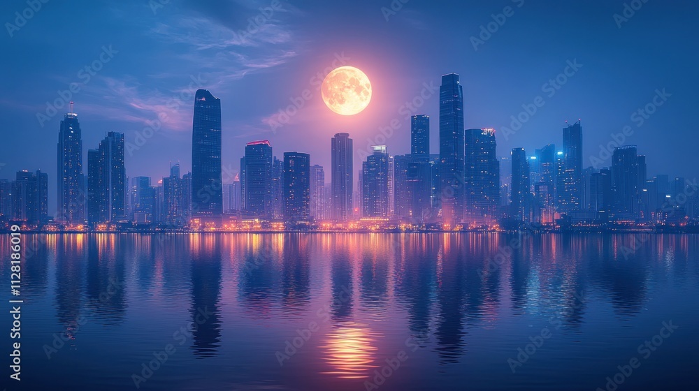 Fototapeta premium Full moon over a modern city skyline reflected in calm water at night.
