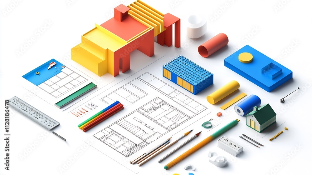 Colorful 3D architectural models and blueprints. Colorful 3D architectural models and blueprints.