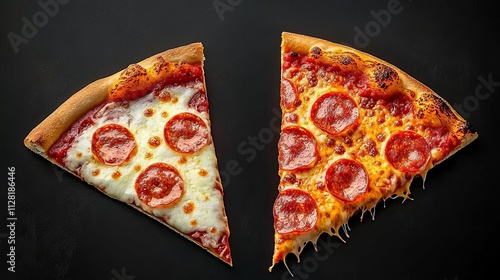 Delicious slices of pepperoni pizza with melted cheese on a dark background, perfect for food-related themes and culinary content. photo