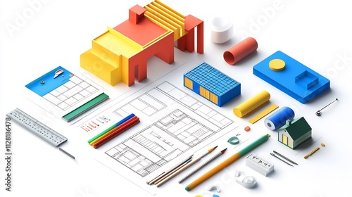 Colorful 3D architectural models and blueprints.