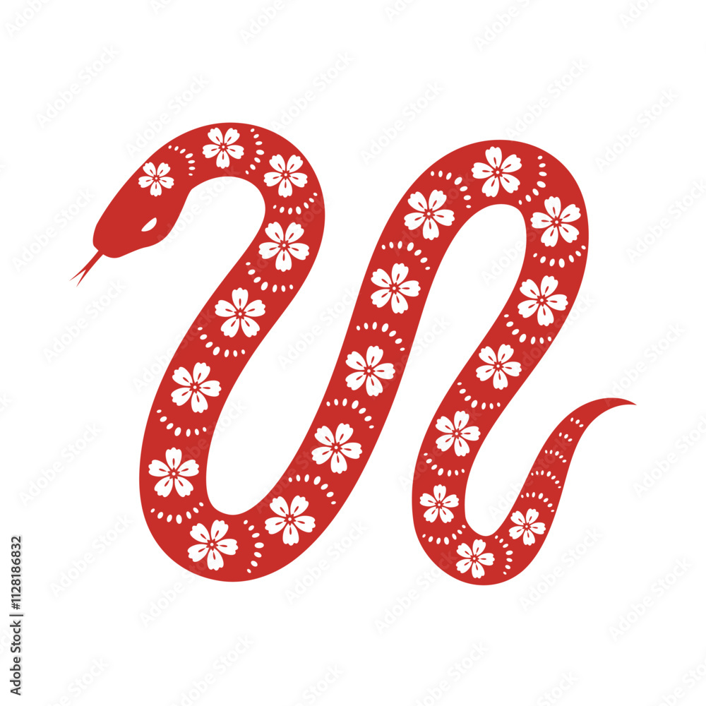 Red twisted snake with floral ornament. Hand drawn vector illustration in asian style. Red twisted snake with floral ornament. Hand drawn vector illustration in asian style.