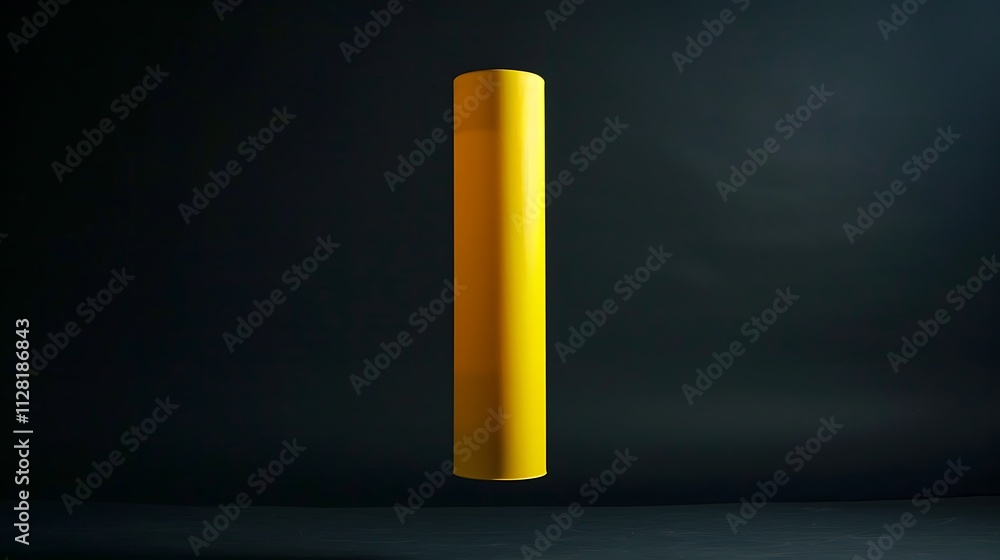 An elegant yellow cylinder suspended in mid-air against a solid black backdrop An elegant yellow cylinder suspended in mid-air against a solid black backdrop