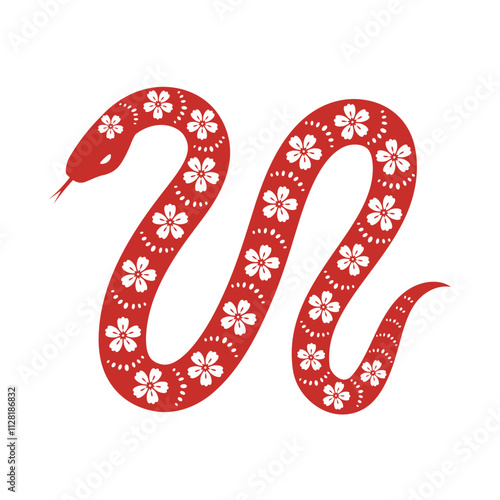 Red twisted snake with floral ornament. Hand drawn vector illustration in asian style.