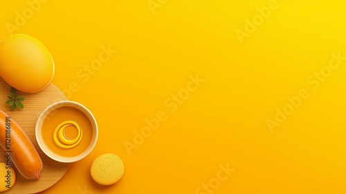 Bright yellow background with citrus, sausage, bowl of mustard, and empty copy space photo