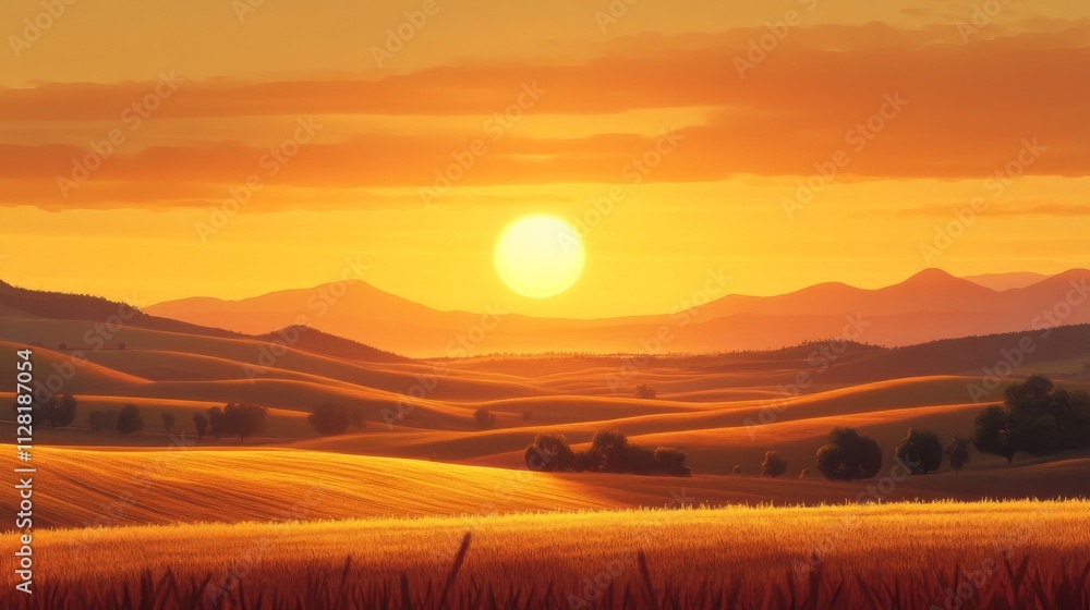 Obraz premium Golden Sunset Over Rolling Hills And Fields