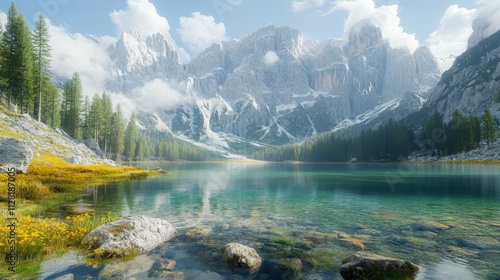 Serene Mountain Lake with Yellow Wildflowers and Snow Capped Peaks