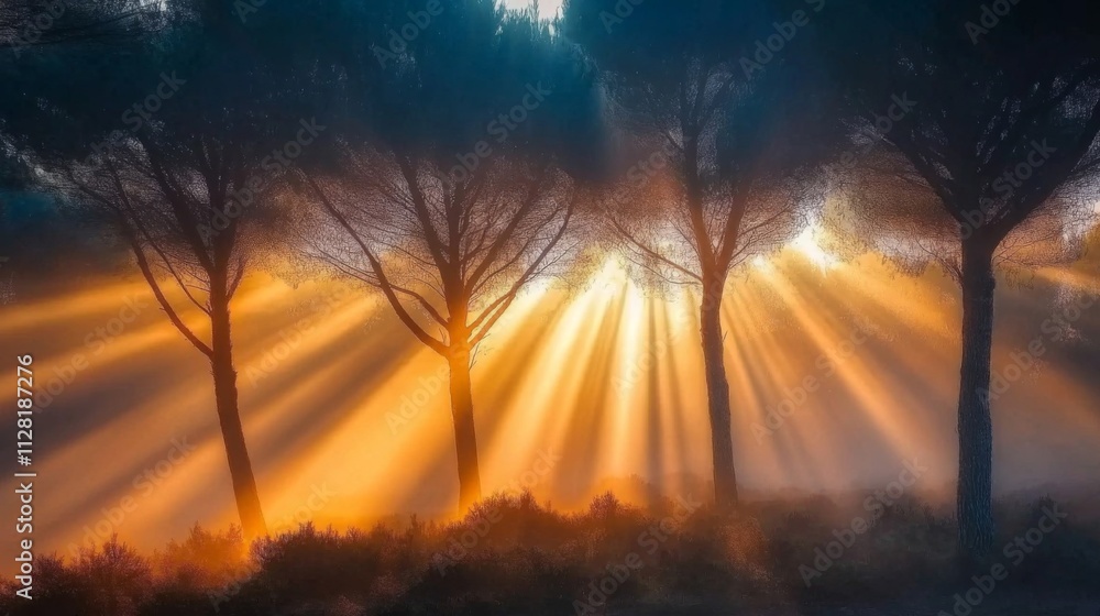 Golden Sunrise Rays Illuminating Silhouetted Trees Golden Sunrise Rays Illuminating Silhouetted Trees