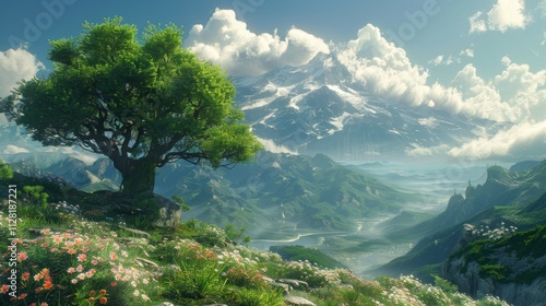 A mountain range with a tree in the foreground