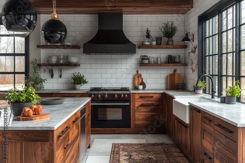 Modern farmhouse kitchen with dark wood cabinetry, marble countertops, black range hood, and farmhouse sink. photo