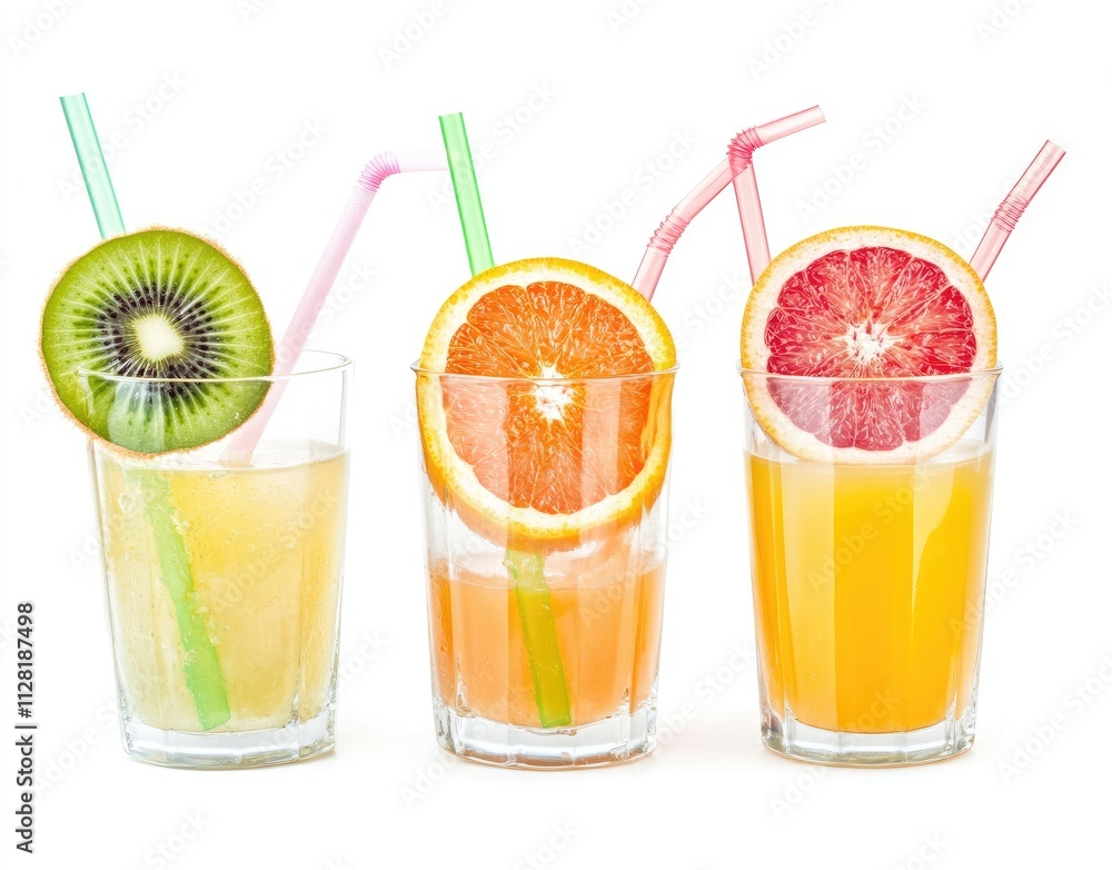 Three glasses of fresh fruit juice with kiwi, orange, and grapefruit slices and colorful straws on white background. Three glasses of fresh fruit juice with kiwi, orange, and grapefruit slices and colorful straws on white background.