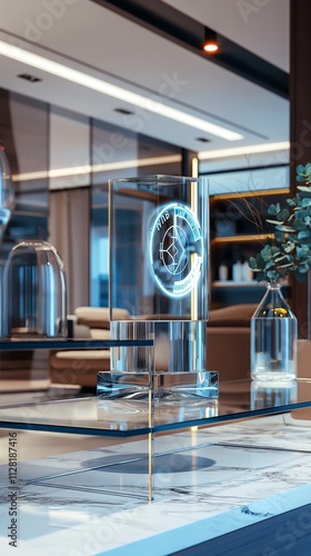 A glass trophy with an embedded holographic logo, set on a glass shelf in a modern showroom with clean lines and ambient lighting. 32k, full ultra hd, high resolution - photo