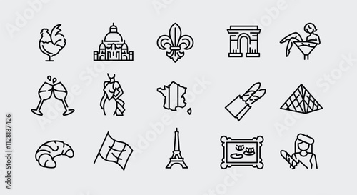 France icons. Set of 15 France-themed trendy minimal icons. Eiffel Tower, Arc de Triomphe, Louvre Pyramid, Croissant. Design signs for web pages, apps, and travel-themed projects. Vector illustration
