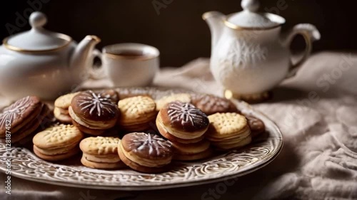 Wallpaper Mural realistic motion video of chocolate biscuits on a plate next to a white teapot and on a cloth Torontodigital.ca