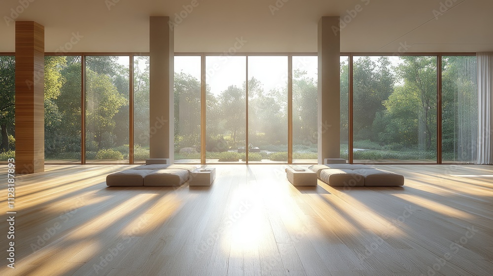 Fototapeta premium Modern minimalist living room with large windows overlooking a lush garden. Perfect for showcasing tranquility, relaxation, and modern architecture.