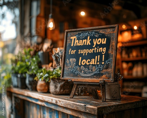 A rustic sign expresses gratitude for supporting local businesses amidst a cozy setting.