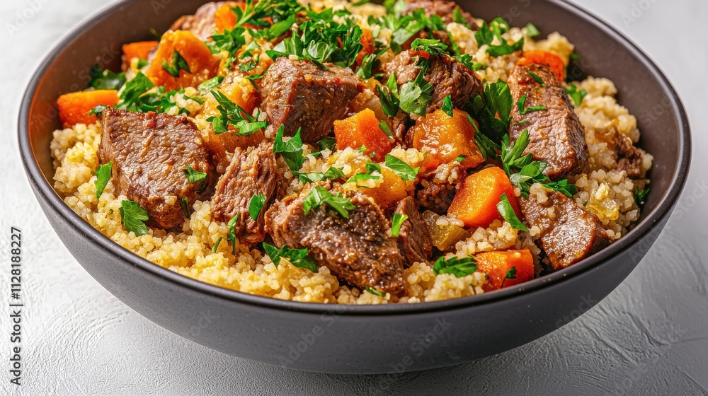 Delicious Beef and Vegetable Couscous Bowl on Wooden Table Delicious Beef and Vegetable Couscous Bowl on Wooden Table